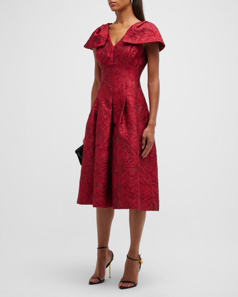 Rickie Freeman for Teri Jon Pleated Jacquard Cap-Sleeve Dress | Neiman Marcus