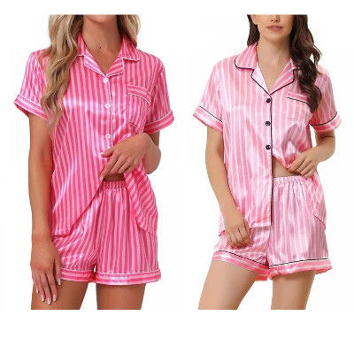 INSPIRE CHIC Women's 4 Pcs Striped Silky Satin Sleepwear Button-Up Shirt & Shorts 2025 Lounge Set Pink/Hot Pink Medium | Target