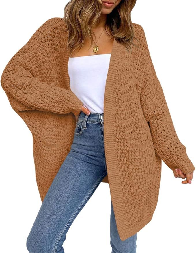 LOGENE Women's Oversized Batwing Sleeve Chunky Knit Open Front Long Cardigan Sweaters with Pocket... | Amazon (US)