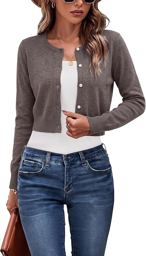 Arach&Cloz Women's Wool Blend Cropped Crewneck Fall Work Cardigan Sweaters | Lightweight Bolero S... | Amazon (US)
