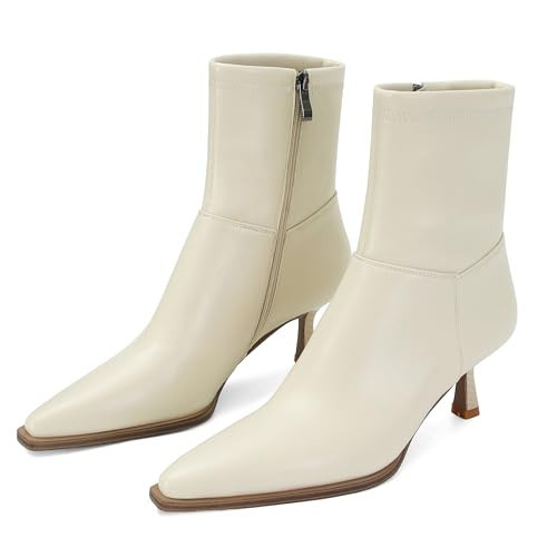 SOVANYOU Womens White Ankle Boots Pointed Toe Low Heel Booties Dressy Leather Short Heeled Boots with Side Zipper | Amazon (US)