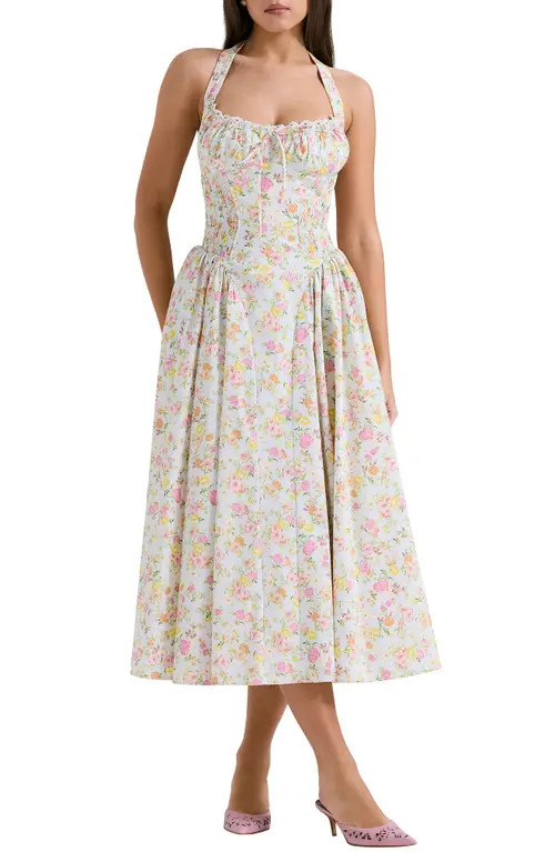HOUSE OF CB Adabella Floral Pleated Halter Sundress in Floral Print at Nordstrom, Size Large | Nordstrom