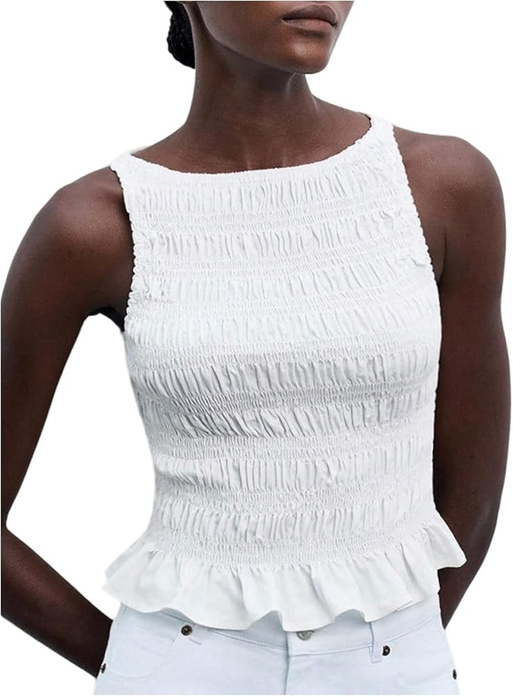 MakeMeChic Women's Smocked Tank Top Babydoll Sleeveless Ruffle Business Casual Crop Tops | Amazon (US)