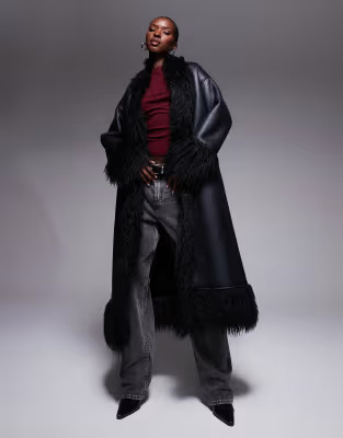 Aria Cove shaggy faux fur trim leather look maxi coat in black | ASOS (Global)