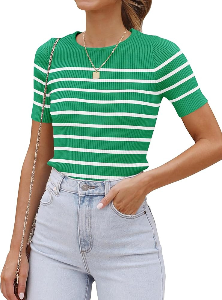 ZESICA Women's Short Sleeve Crewneck Striped T Shirt 2025 Summer Ribbed Knit Slim Fit Casual Basi... | Amazon (US)