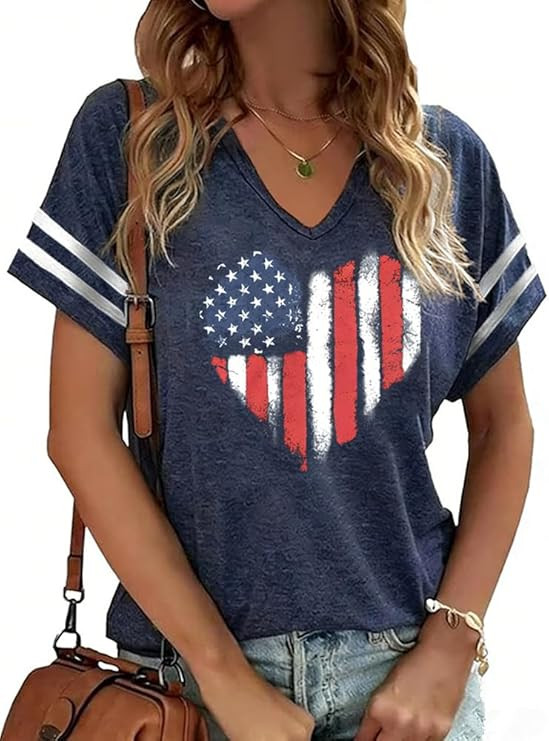 American Flag Shirts Women 4th of July V-Neck Short Sleeve Patriotic T-Shirt Memorial Day Graphic... | Amazon (US)