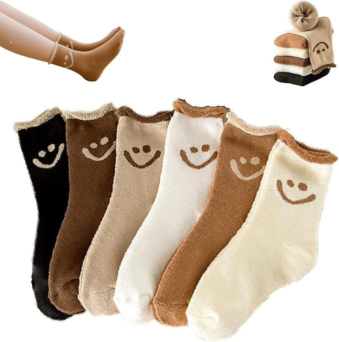 6 Pair Lovely Smile Face Cotton Socks, Autumn Winter Thermal Black | Amazon (US)