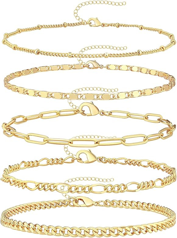 Reoxvo Dainty Gold Chain Bracelets Set for Women 14K Real Gold Plated Link Chain Bracelets for Wo... | Amazon (US)