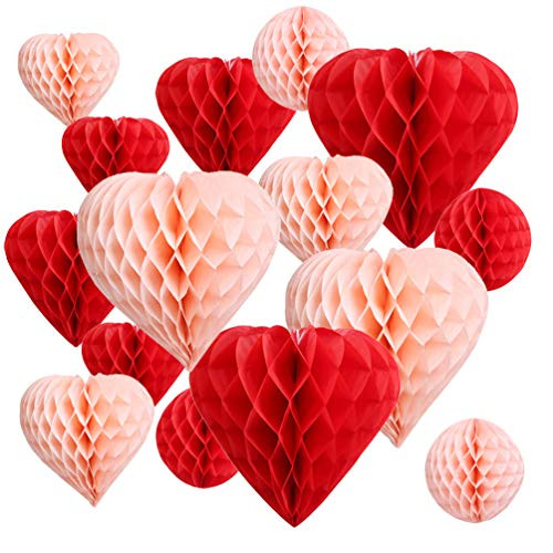 UNIQOOO 16 Pack Red Blush Pink Party Decoration Pom Pom | Heart & Ball Tissue Paper Honeycomb | P... | Amazon (US)