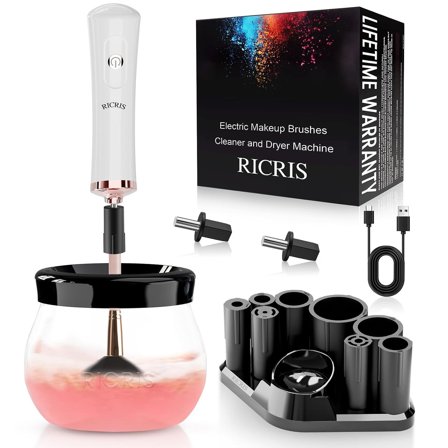 RICRIS Premium Makeup Brush Cleaner Dryer Super-Fast Electric Brush Cleaner Machine Automatic Brush Cleaner Spinner Makeup Brush Tools (White) | Amazon (US)