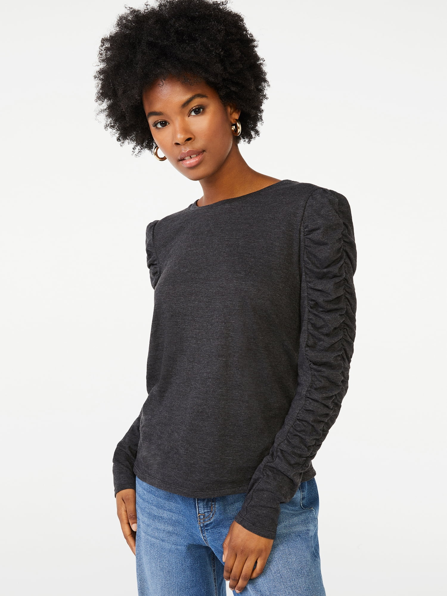 Scoop Women's Semi Sheer Ruched Sleeve Top - Walmart.com | Walmart (US)