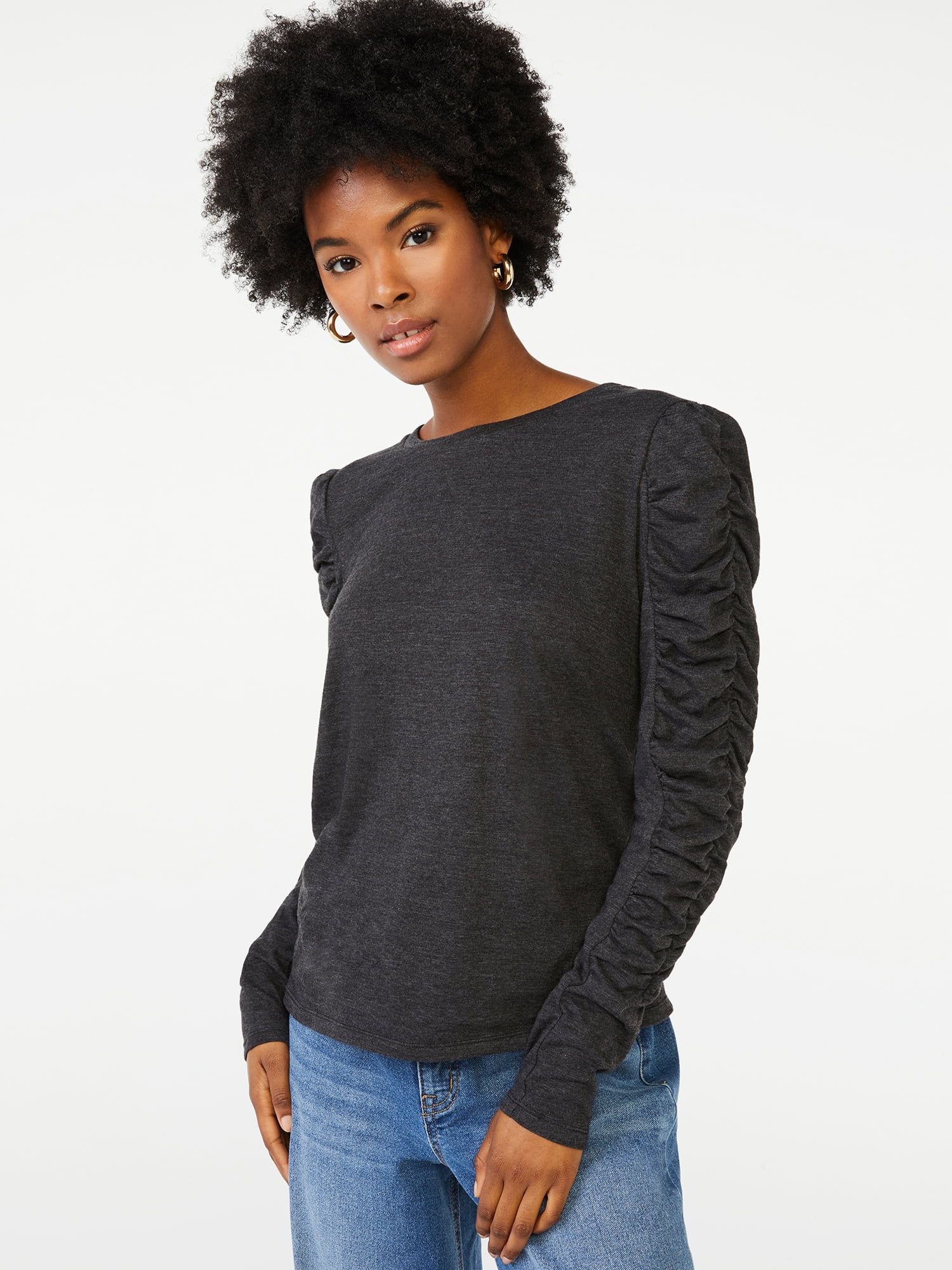 Scoop Women's Semi Sheer Ruched Sleeve Top | Walmart (US)