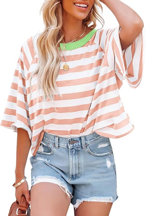 Dokotoo Tops for Women Striped 2026 Fashion T Shirts for Women Color Block Crewneck Design Loose ... | Amazon (US)