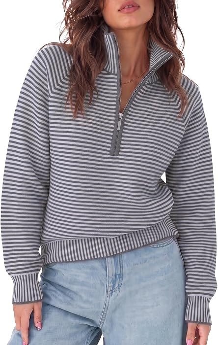 Fisoew Womens Quarter Zip Sweaters Oversized Casual Fall Knit Pullover Tops | Amazon (US)