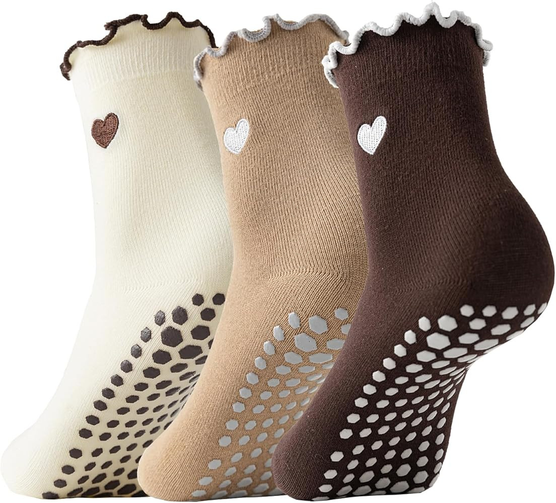 3 Pairs Pilates Socks with Grips Non-slip Ruffle Cute Heart Yoga Grip Sock for Women | Amazon (US)
