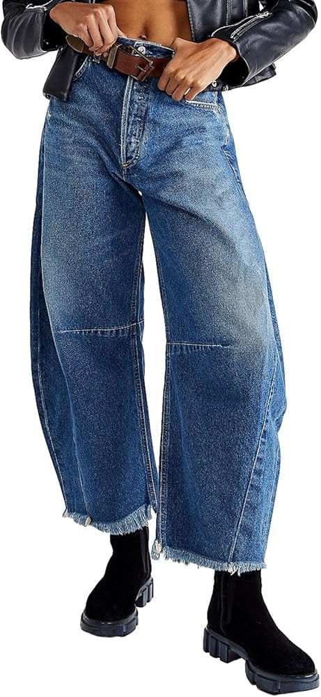 Womens Casual Balloon Pants Wide Leg Mid Waist Cropped Denim Pants Y2k Loose Barrel Baggy Jeans w... | Amazon (US)