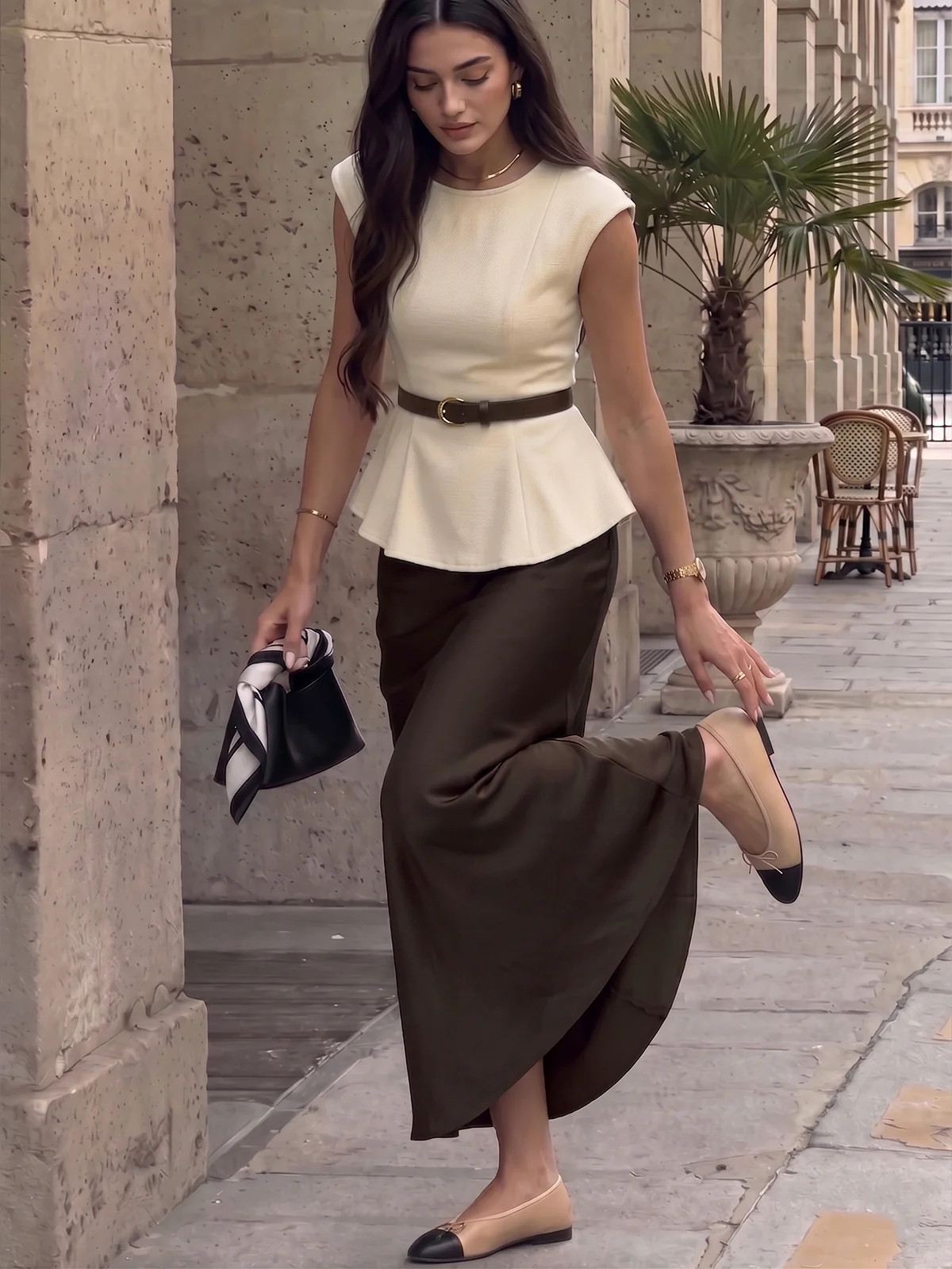Belted Peplum Top & Satin Midi Skirt Set | Commense