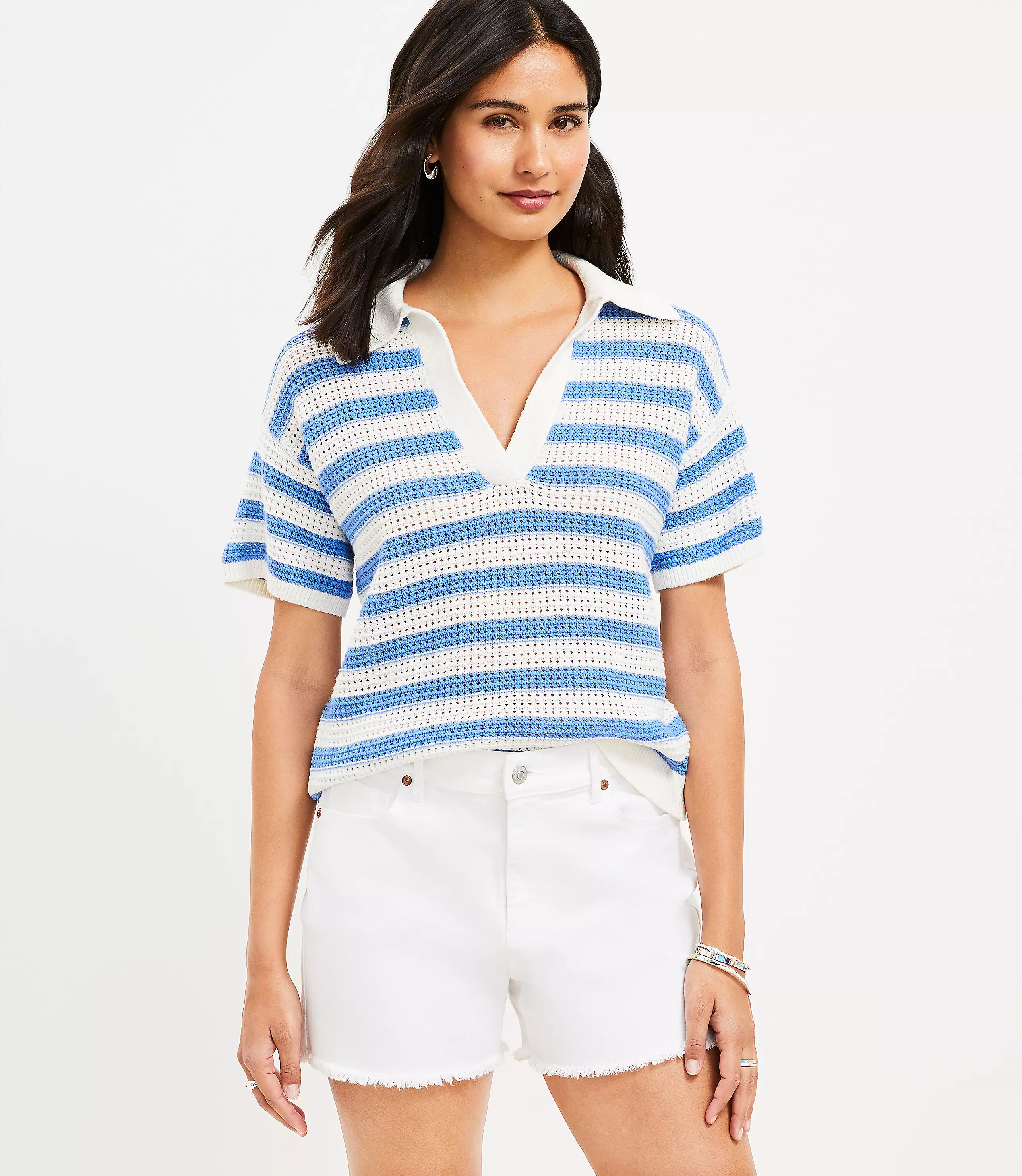 Stripe Textured Polo Sweater Tee | LOFT