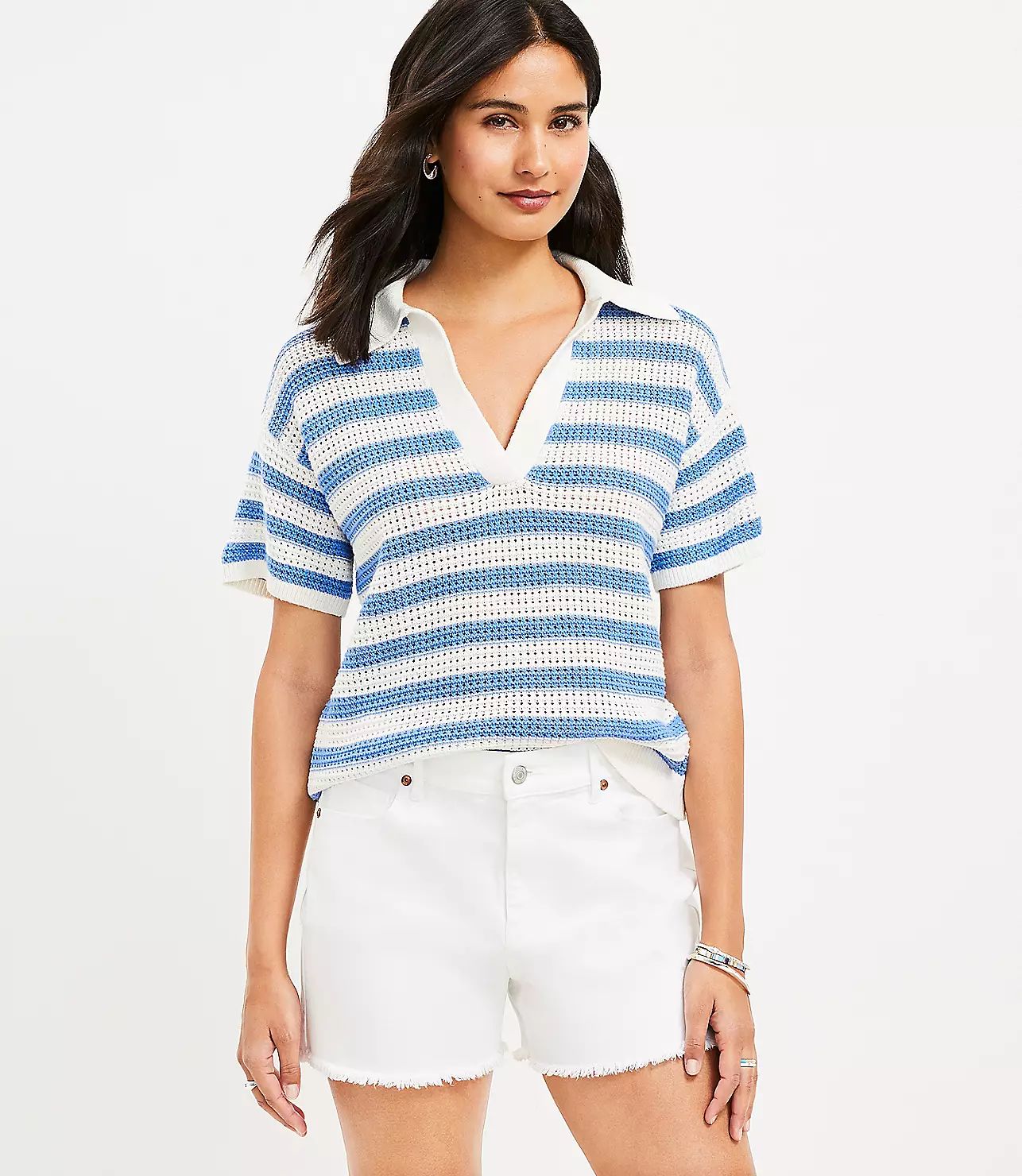 Stripe Textured Polo Sweater Tee | LOFT