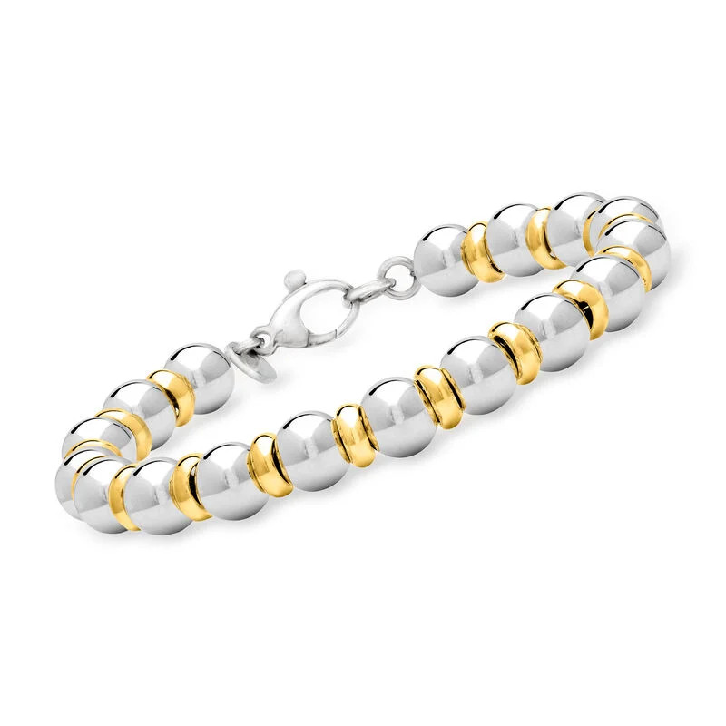 Italian Sterling Silver and 22kt Gold Over Sterling Bead Bracelet | Ross-Simons