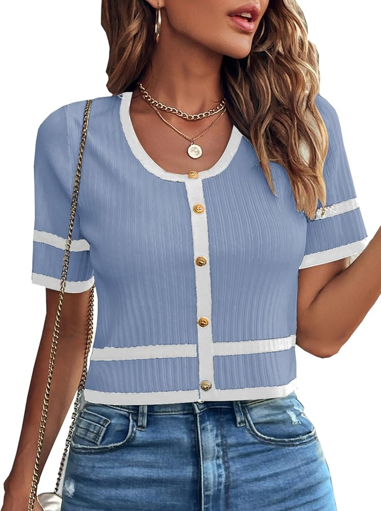 Milumia Women's Striped Button Up Cropped Short Sleeve Knit Tops | Amazon (US)