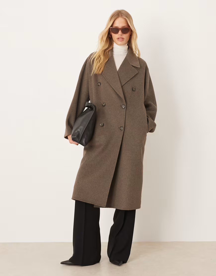 Mango wool mix double breasted midi coat in light brown | ASOS (Global)