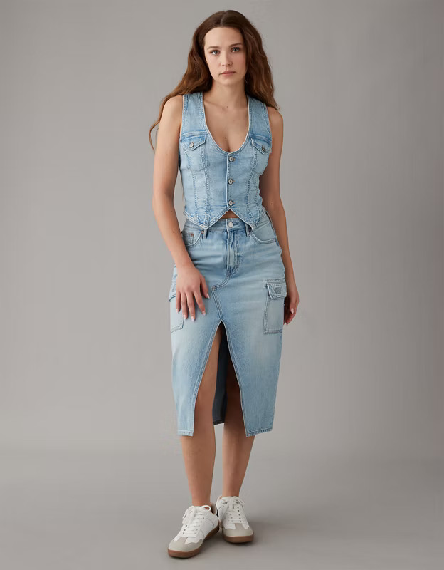 AE Dreamy Drape High-Waisted Cargo Denim Midi Skirt | American Eagle Outfitters (US & CA)