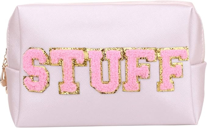 Preppy Patch Cosmetic Toiletry Bag for Women Girls SKIN Letters PU Leather Portable Makeup Bag Zi... | Amazon (US)
