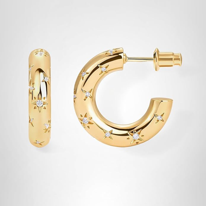 PAVOI 14K Gold Plated Star Shine Hoop Earrings for Women | Cubic Zirconia Celestial Chunky Hoops ... | Amazon (US)