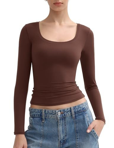 PUMIEY Women’s Long Sleeve T Shirts Scoop Neck Tight Slim Fit Tops Double Lined Basic Tee, Tiramisu Large | Amazon (US)