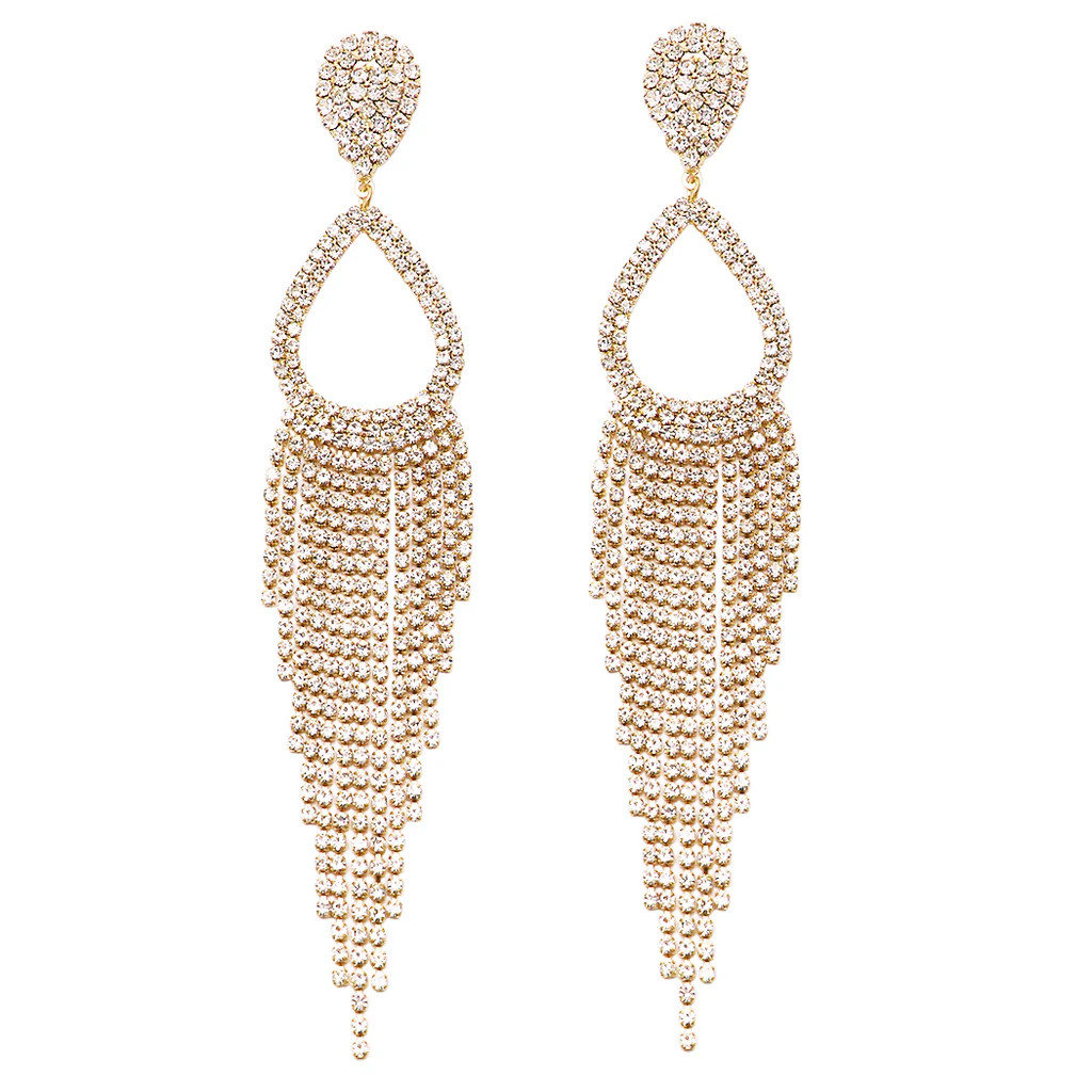 Statement Crystal Rhinestone Teardrop Fringe Shoulder Duster Earrings | Rosemarie Collections
