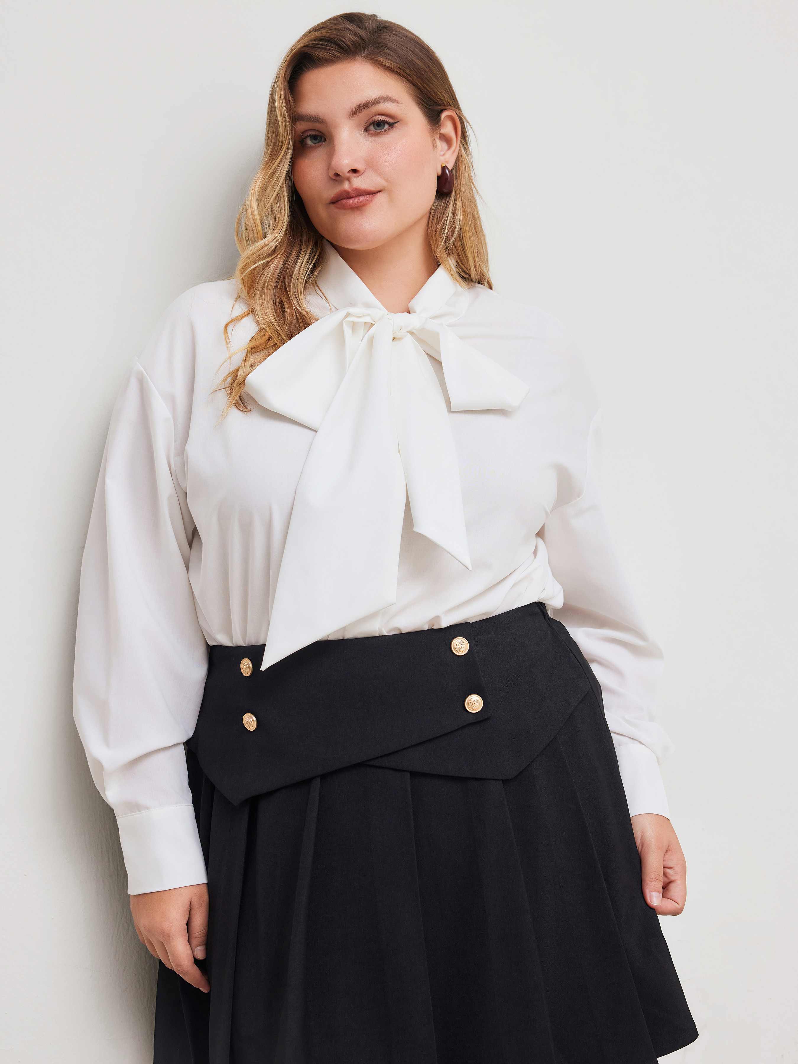 Woven Stand Collar Solid Knotted Button Oversized Shirt Bodysuit Curve & Plus For Work | Cider