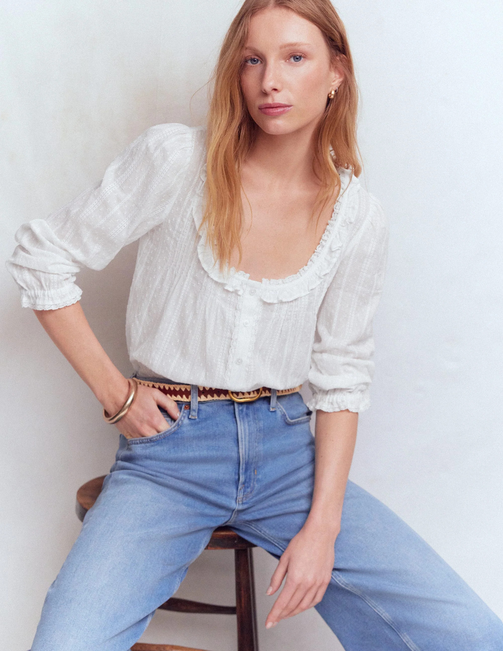 Scoop Neck Ruffle Top-White | Boden UK
