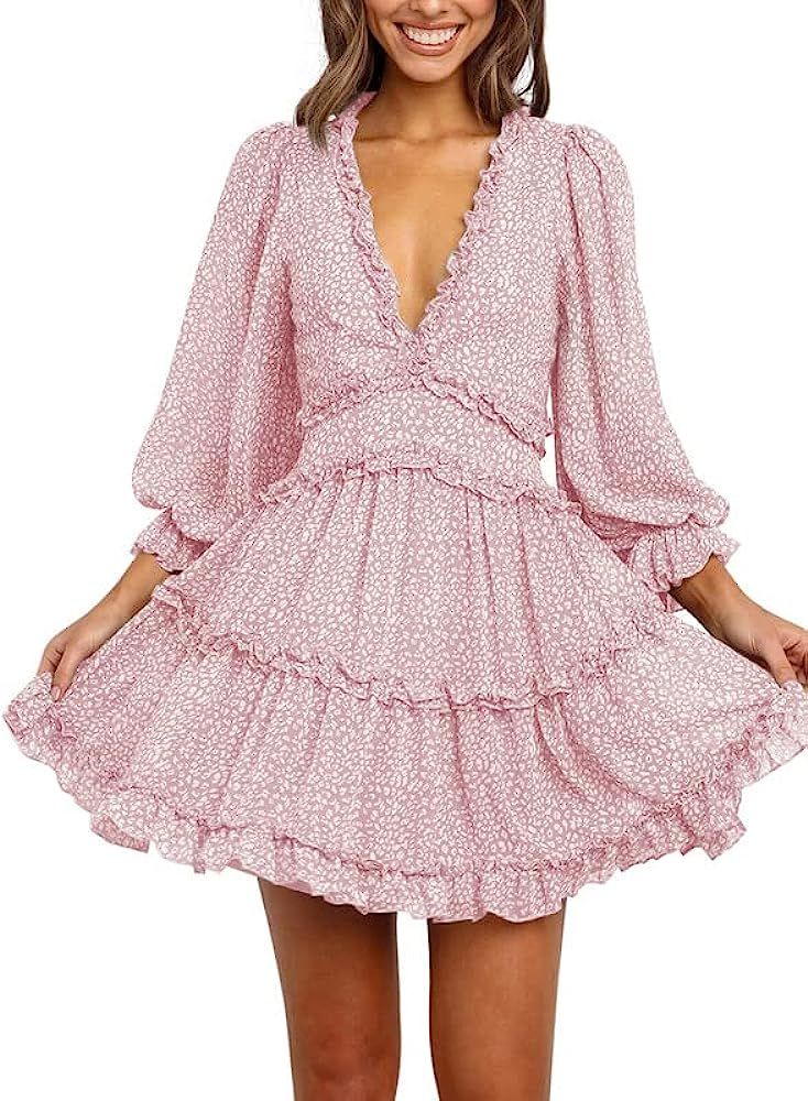 Dokotoo Womens 2024 Spring Summer Deep V Neck Ruffle Floral Flowy Mini Dress | Amazon (US)