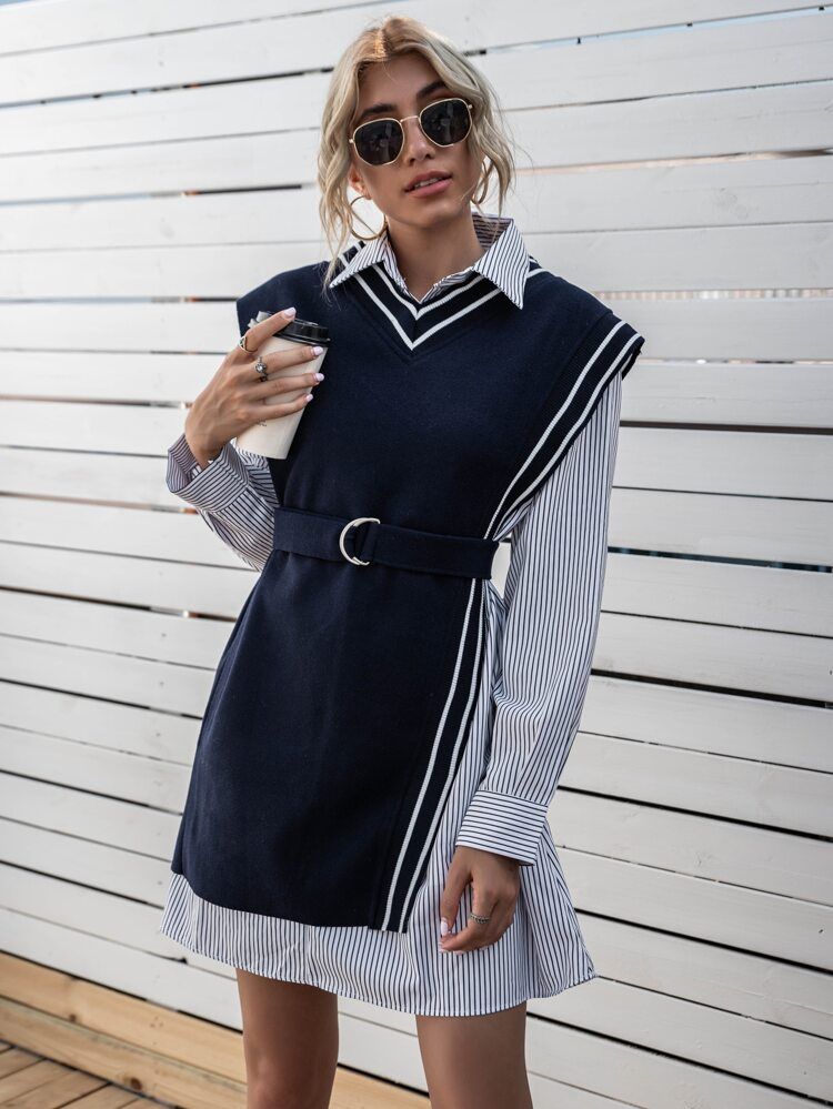 Striped Belted Vest With Shirt Dress | SHEIN