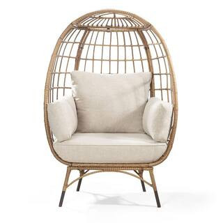 Outdoor Yellow Wicker Patio Swing Egg Chair with Beige Cushions | The Home Depot