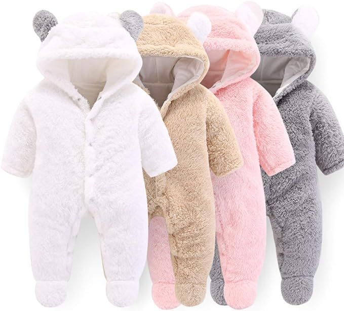 Camidy Newborn Baby Girl Boy Cute Bear Ear Warm Fleece Hooded Jumpsuit Romper Snowsuit | Amazon (US)