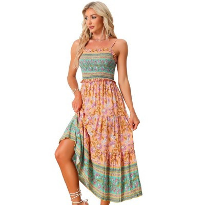 INSPIRE CHIC Women's Summer Spaghetti Strap A-Line Flowy Smocked Midi Boho Floral Sundresses Orange Large | Target