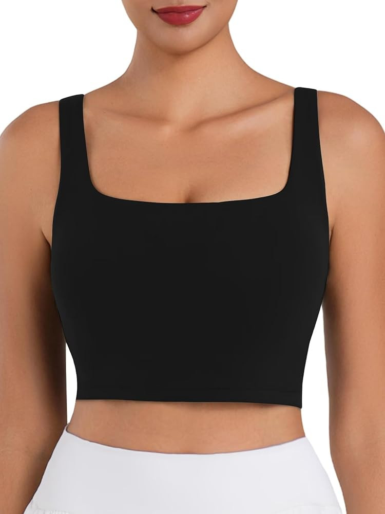 Sunzfly Women Square Neck Sport Bra with Removable Pads, Built-in Bra Crop Tank Top Summer Sleeve... | Amazon (US)