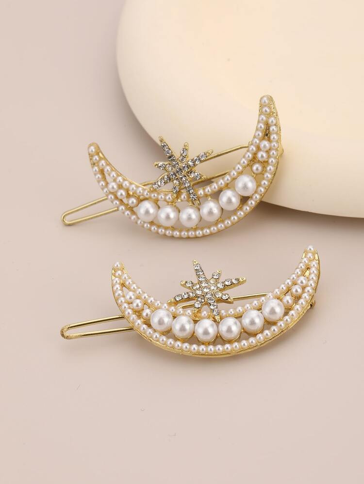 2pcs Faux Pearl Moon & Rhinestone Star Decor Minimalist Hair Clip | SHEIN