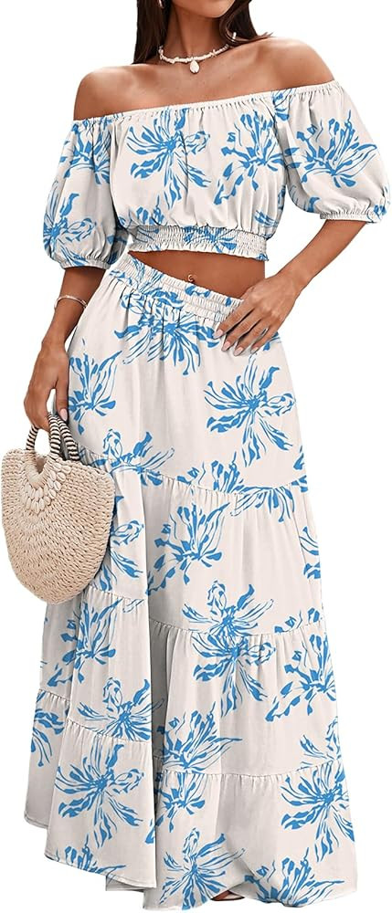 HUUSA 2026 Summer 2 Piece Boho Outfits for Women Short Sleeve Off Shoulder Crop Top and High Wais... | Amazon (US)