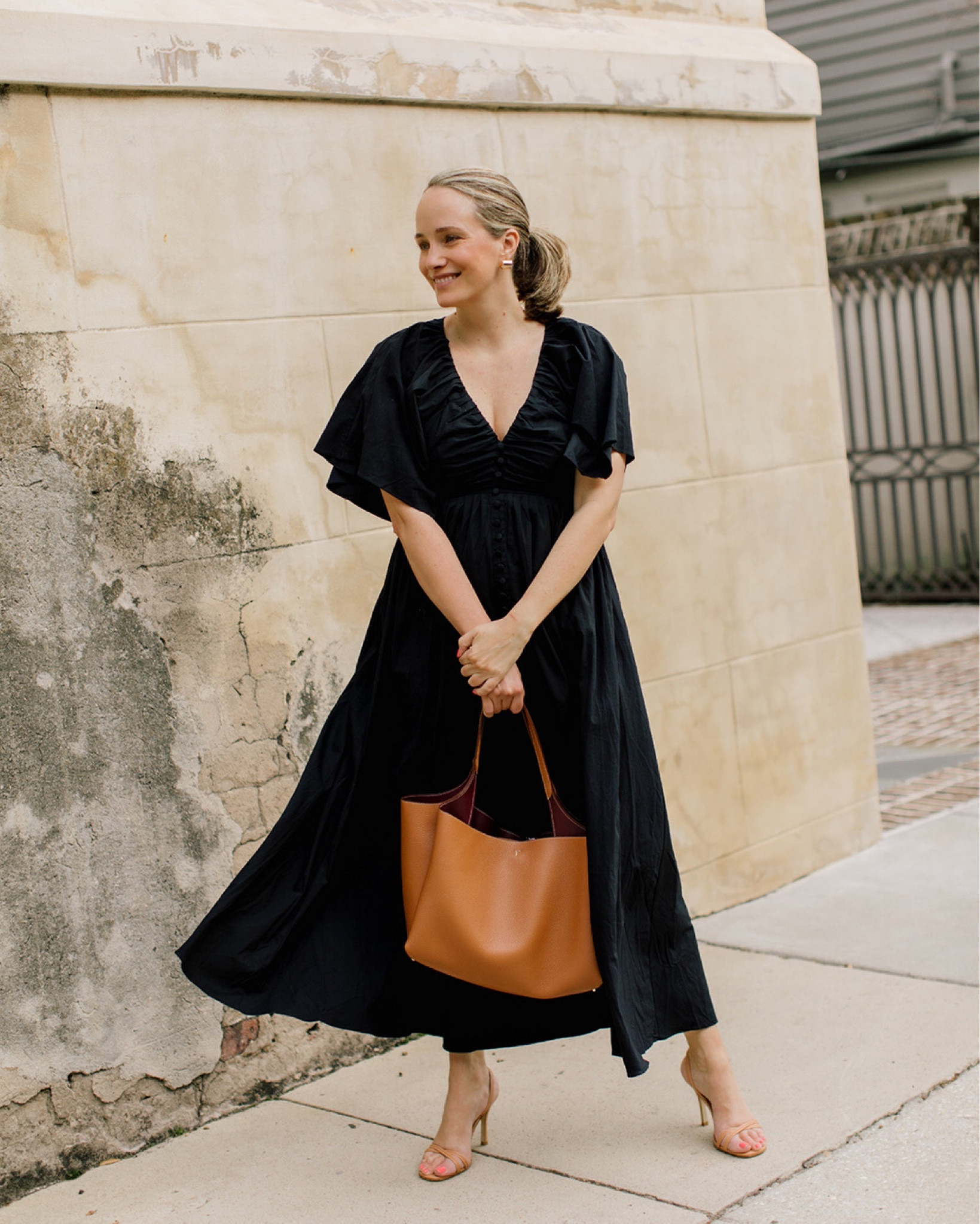 A fav neutral outfit. A gorge (under $200) black dress, the perfect nude heels, the best bag.