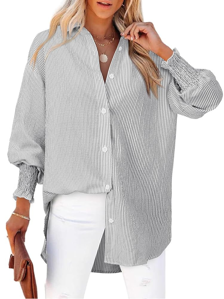 Women's Striped Button Down Shirts Long Sleeve Smocked Cuffed Oversized Boyfriend Blouses Collare... | Amazon (US)