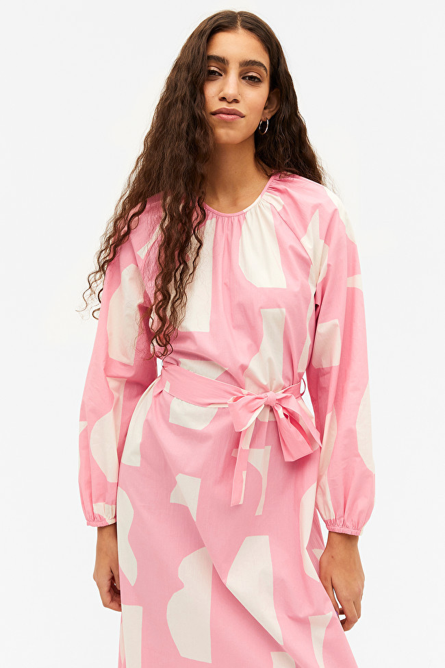 Pink & white patterned long sleeve maxi dress | Monki