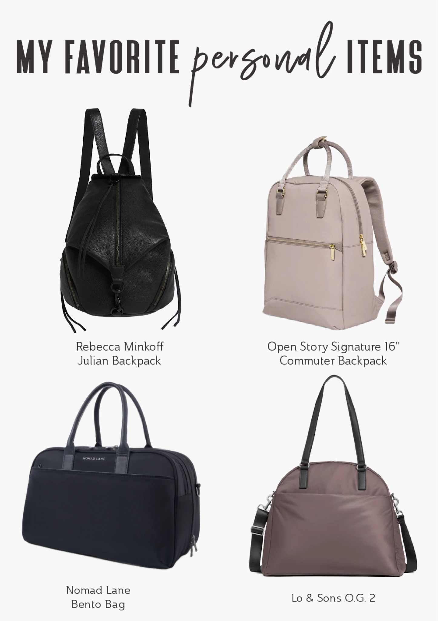 My favorite in-flight personal items are: 

✈️ Rebecca Minkoff Julian Backpack: I bought my first Rebecca Minkoff bag in 2015, and it’s still one of the best purchases I’ve ever made. While this backpack-style purse isn’t necessarily designed for travel, I love this bag and still use it now is because it looks attractive, it’s spacious enough for my daily sightseeing or plane essentials, it has a secret pocket for my passport or wallet, and I’m happy wearing it with all my outfits at home and while traveling. 

​​✈️ Nomad Lane Bento Bag: This is my all-time favorite personal travel bag! It opens up like a suitcase and has unparalleled organization—everything fits in this bag! I can pack my laptop (up to 15”), notebooks, earphones, and light toiletries I might use in-flight. With a detachable shoulder strap and a trolley sleeve, this is the perfect personal item for business travelers or anyone who wants to keep organized! 

✈️ Lo&Sons O.G. 2 Tote (in the large size and Grey/Silver Azure color): A must-get item for its trolley sleeve, organizational pockets, and 13” laptop sleeve. This tote bag is pretty and purse-like, plus it’s very lightweight, so if I’m at a conference and need to carry my laptop around, this is the bag I’ll choose. It’s also an awesome overnight bag. 

✈️ Signature Open Story Backpack: I’ve been traveling with this budget-friendly backpack all a while now and it continues to be a fantastic in-flight personal item especially for the price. It was even the perfect size to carry all my essentials for the day at Disneyland. 

✈️ Nomad Lane Ikigai Backpack - Another new favorite for me, I got this backpack for its great organizational features and sleek design! Inside, you can fit a 15” laptop, and the multiple pockets will keep all of your travel essentials neat and easy to access. It’s also a wonderful option for a short trip where you only need a small bag. 

#LTKItBag #LTKTravel