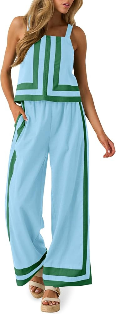 Tankaneo Womens 2 Piece Lounge Set Summer Casual Color Block Cami Top Wide Leg Pants Set Beach Va... | Amazon (US)