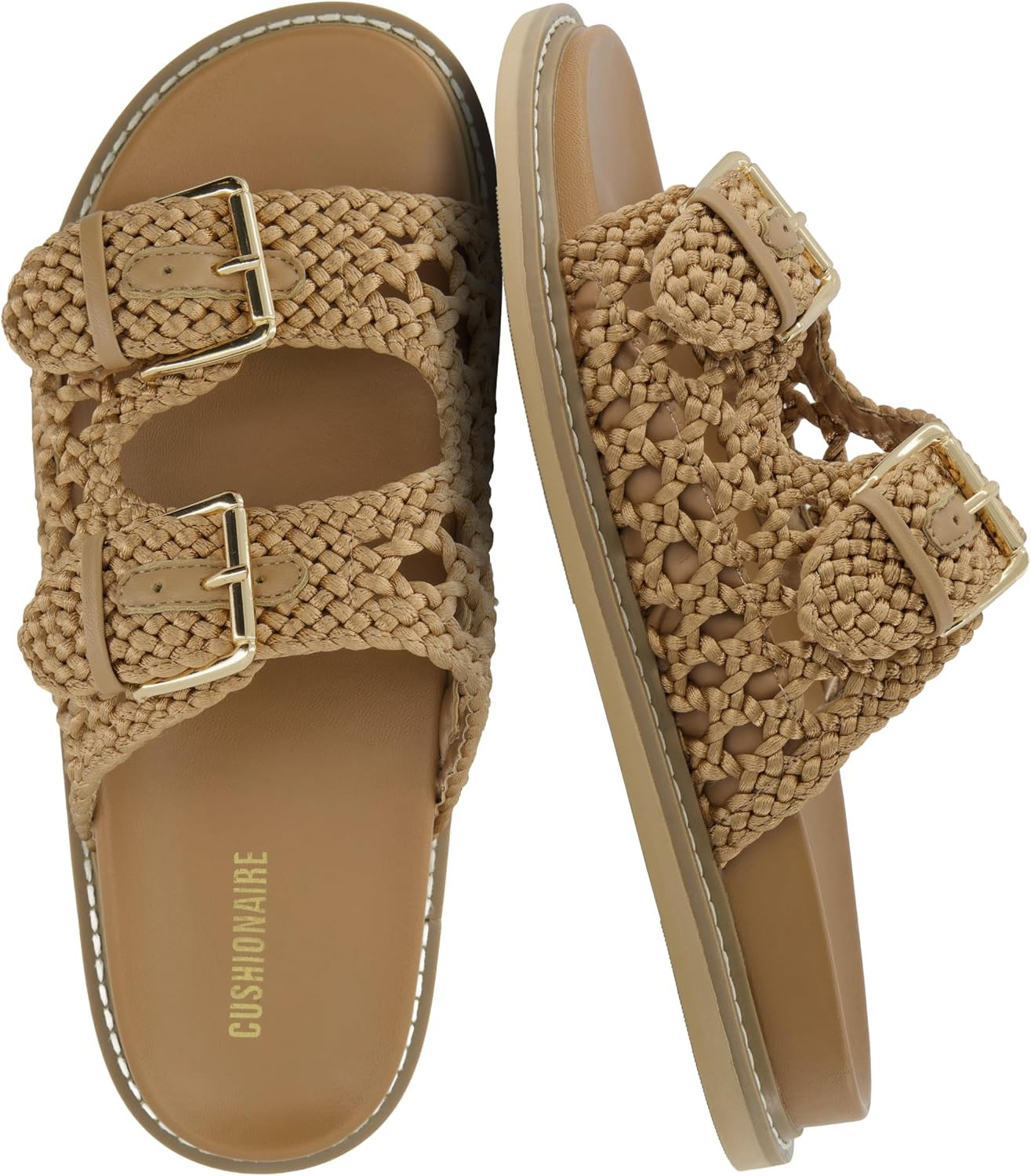 CUSHIONAIRE Weaver Summer Sandals for Women - Shiny Raffia Woven Slip On Womens Slides with Adjustable Buckle | Amazon (US)