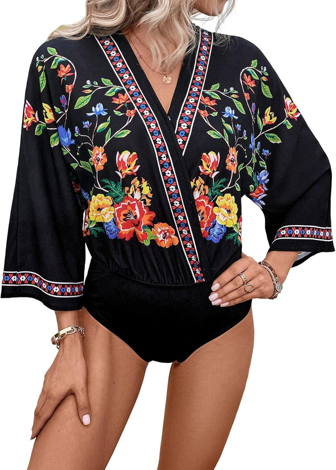 OYOANGLE Women's Casual 3/4 Length Sleeve Wrap V Neck Bodysuit Boho Floral Print Bodysuit | Amazon (US)