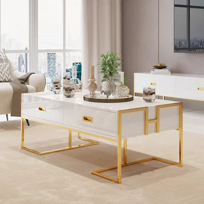 Jocise Modern White Rectangular Coffee Table with Drawers Lacquer Gold Base-Homary | Homary