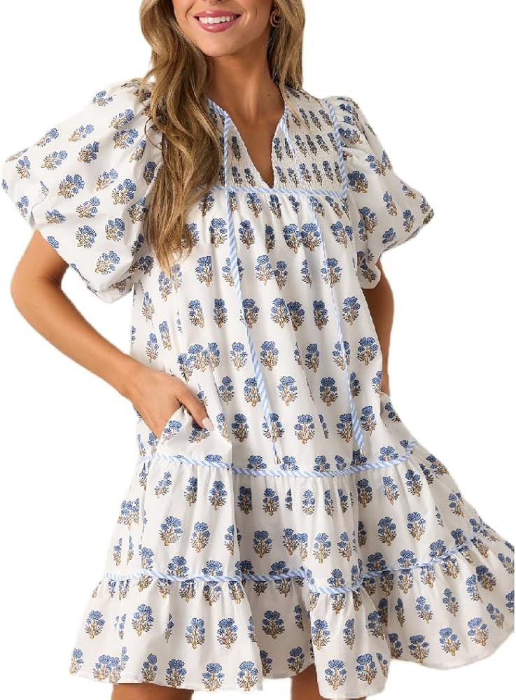 Lordree Women Boho Ruffle Sleeve Mini Dress Summer Trendy Floral Print Short Sleeve V Neck Cute B... | Amazon (US)